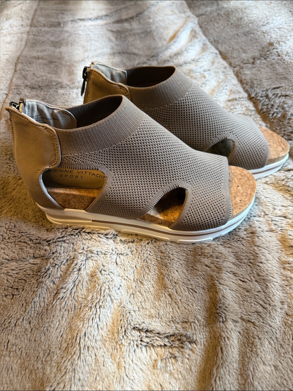 Adrienne Vittadini Taupe Knit Wedge Sandals